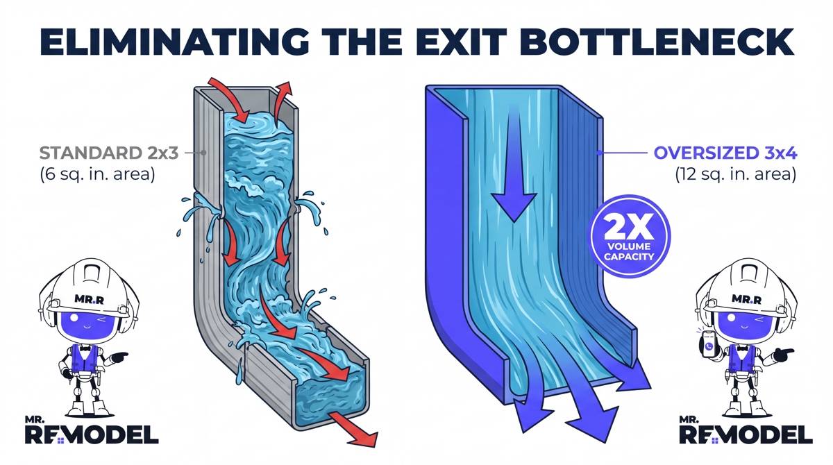 A technical downspout comparison showing how upgrading to 3x4-inch models doubles the water displacement capacity of a home's drainage system.